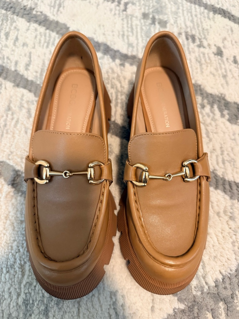BCBGeneration Tan Leather Loafers with Gold Horsebit